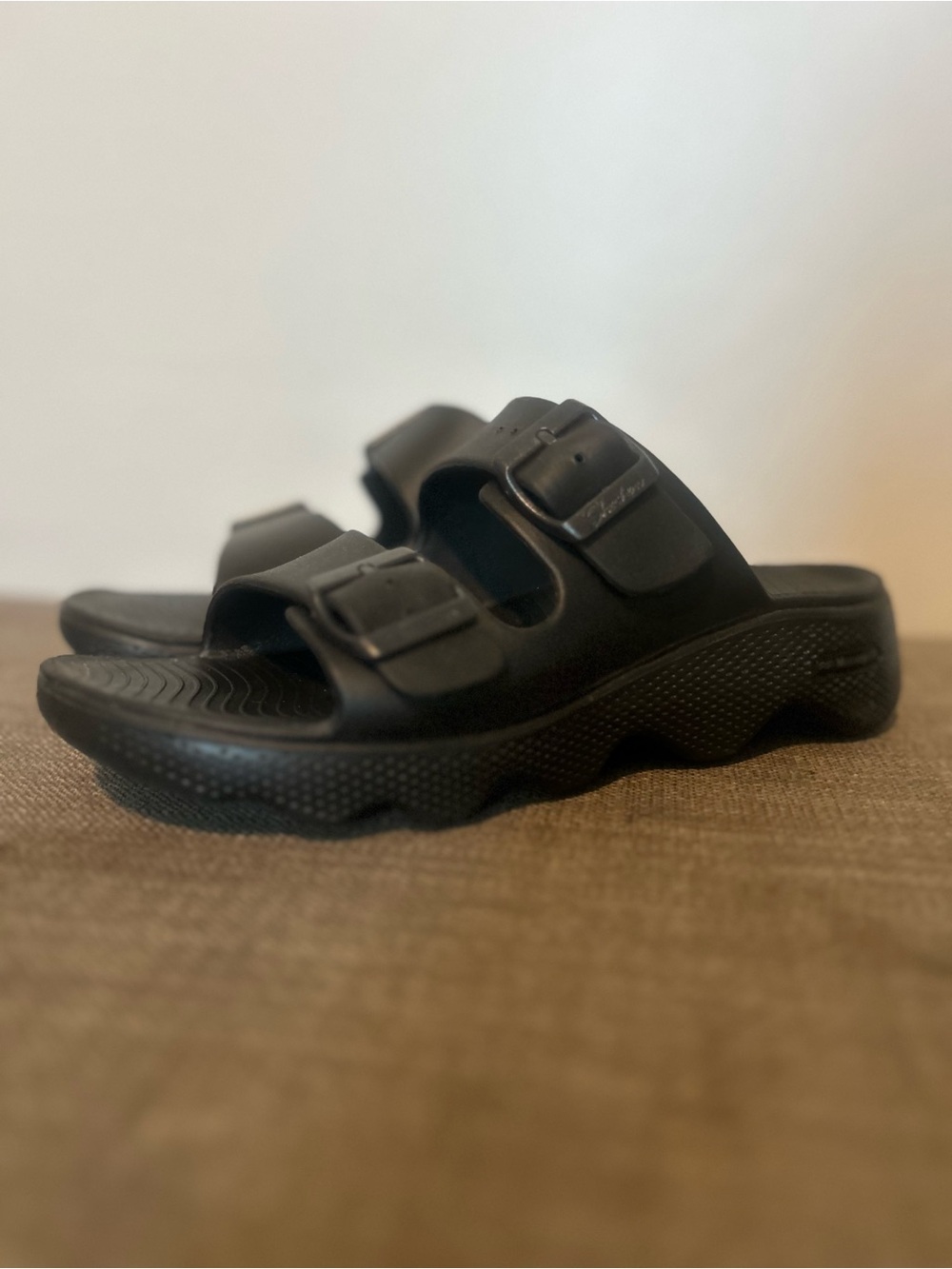 Skechers Foamies Black Slide Sandals with Adjustable Buckles - Picture 3 of 8